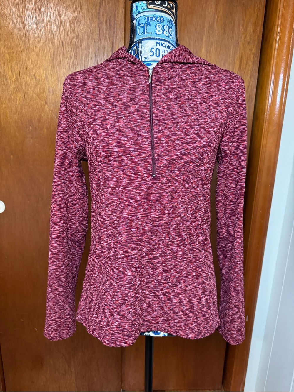Lucy Tech Marled Red Hooded Quarter-Zip Athletic Pullover Hoodie, Women’s Small